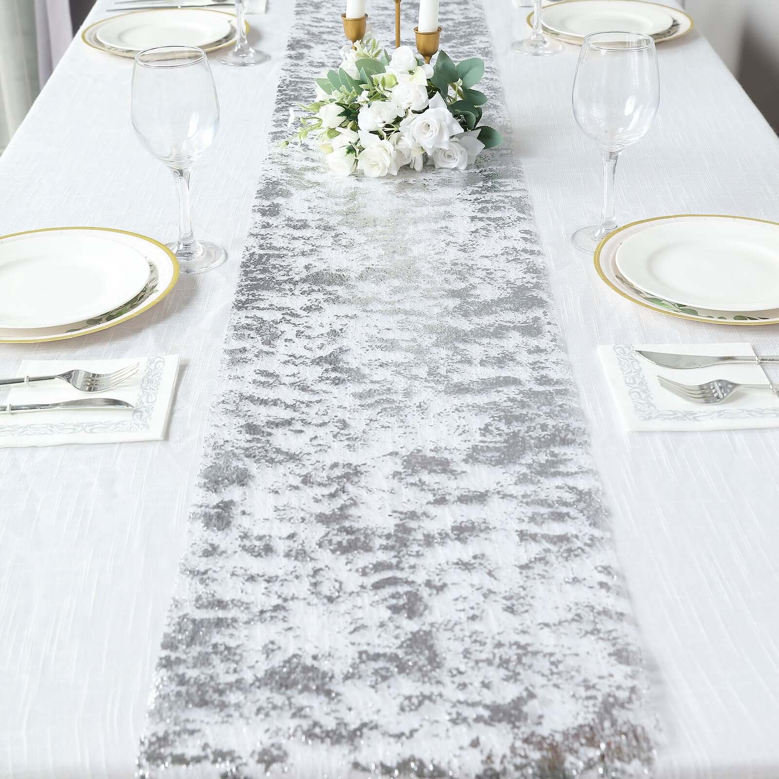Mesh Polyester 108" Table Runner Roll Metallic Silver - Distressed Foil Look Disposable Table Decor