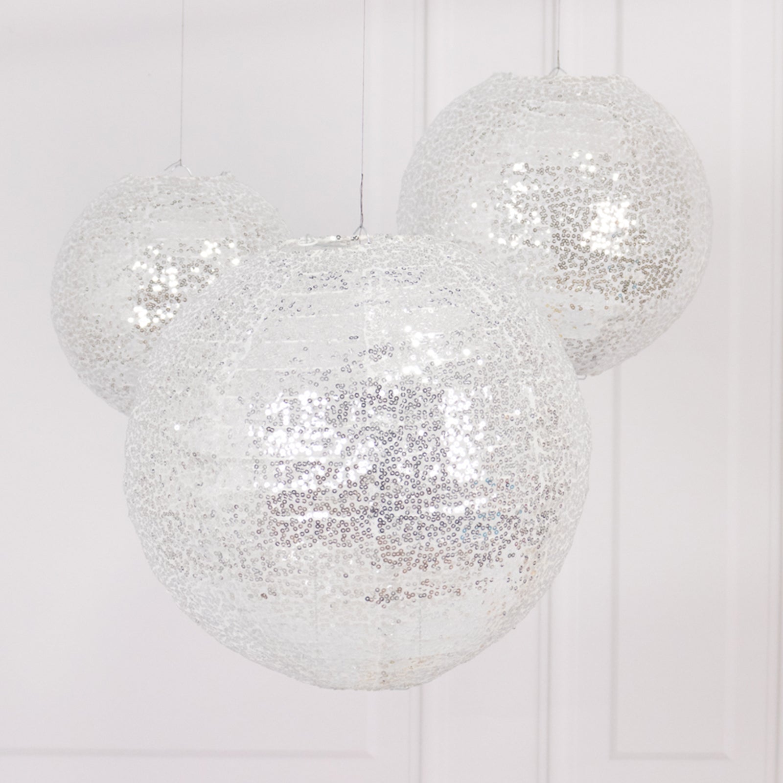 Set of 3 Glitter Silver Sequin Fabric Hanging Lanterns, Decorative Round Foldable Chinese Lantern Lampshades - 8",10",12"