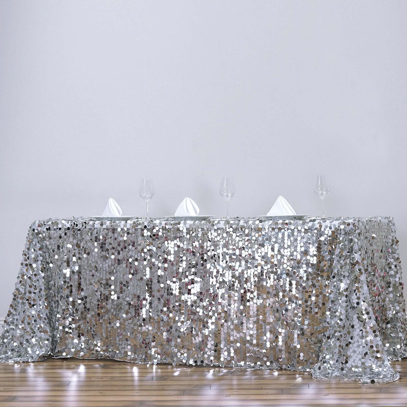 Sequin 90"x156" Rectangle Tablecloth Silver - Seamless Big Payette Table Cover