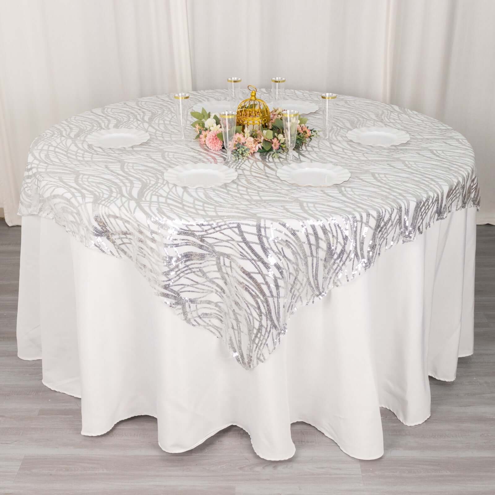 Mesh 72"x72" Table Overlay Square Tablecloth Silver - Wave Embroidered Sequins Table Topper