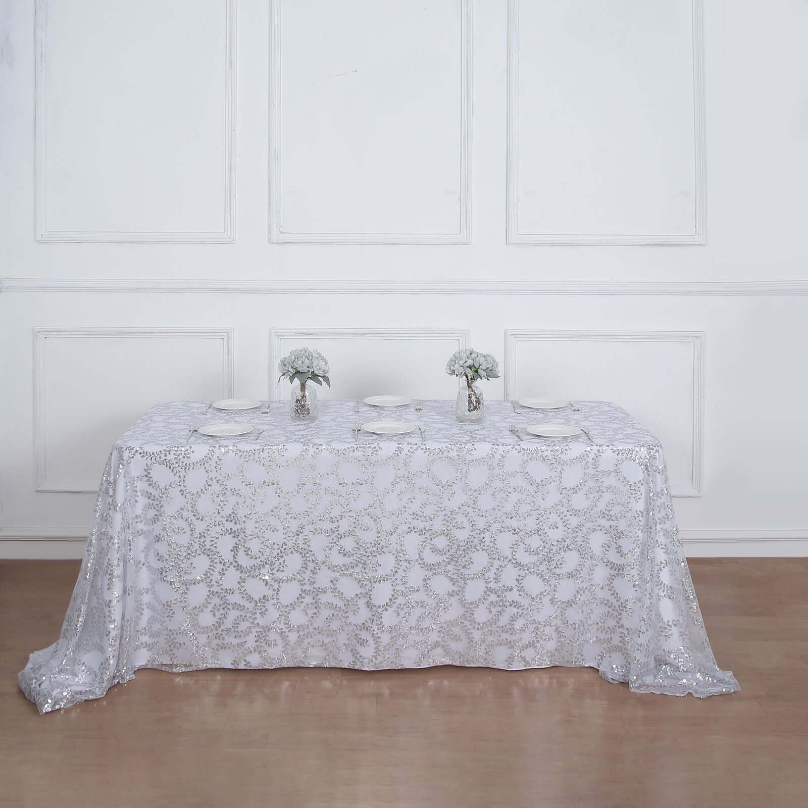 Tulle 90"x156" Rectangle Tablecloth Silver - Sequin Leaf Embroidered Table Cover