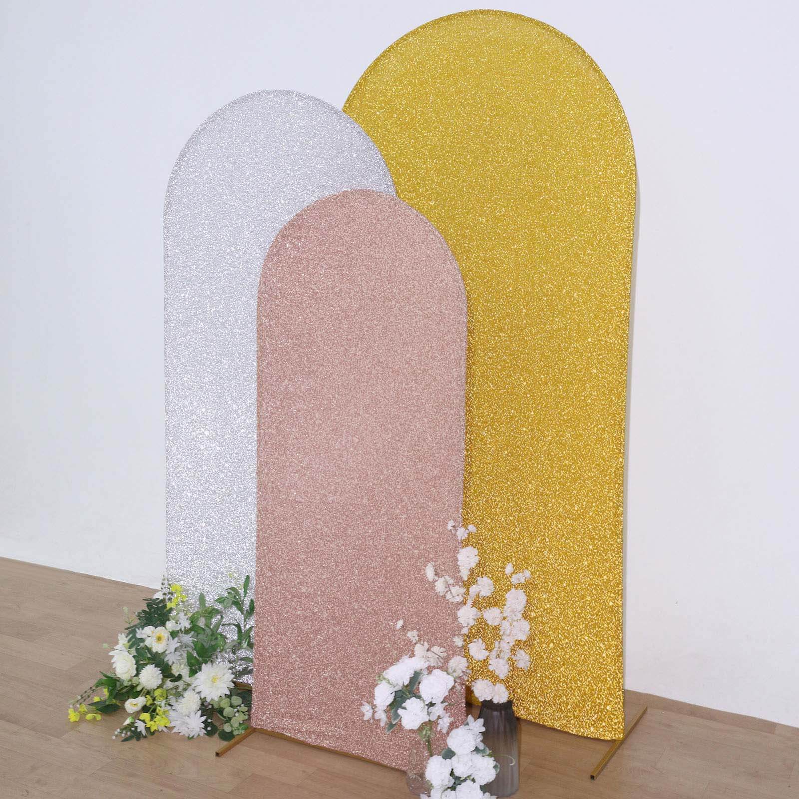 5ft Rose Gold Shimmer Tinsel Spandex Chiara Backdrop Stand Cover For Fitted Round Top Wedding Arch