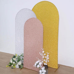 5ft Rose Gold Shimmer Tinsel Spandex Chiara Backdrop Stand Cover For Fitted Round Top Wedding Arch