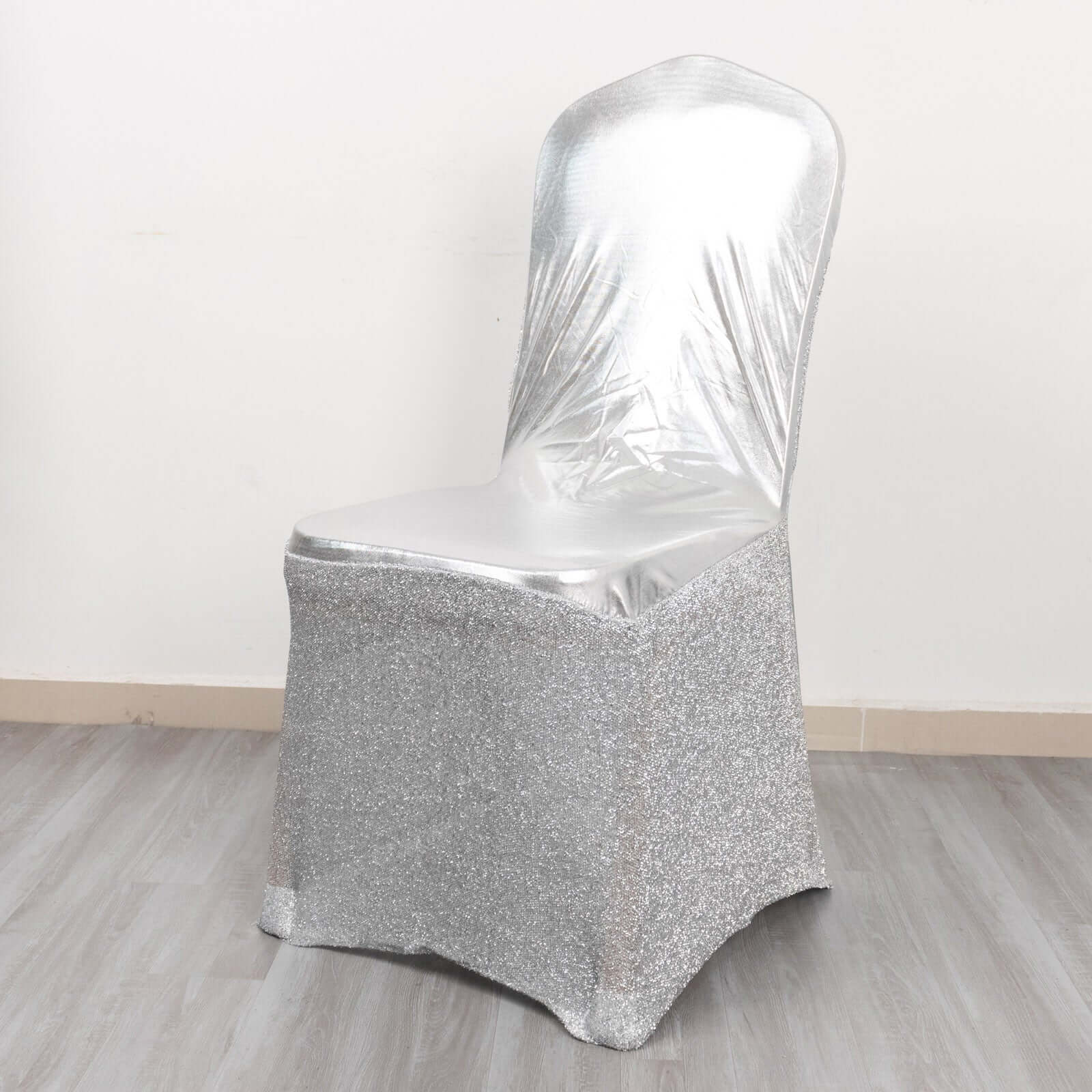Spandex Banquet Chair Cover Metallic Silver Tinsel with Sash and Rhinestone Buckle - Shimmering Fitted Slipcover