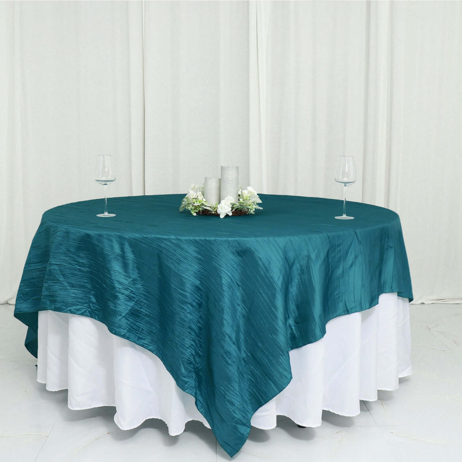 Taffeta 90"x90" Table Overlay Square Tablecloth Peacock Teal - Accordion Crinkle Table Cover