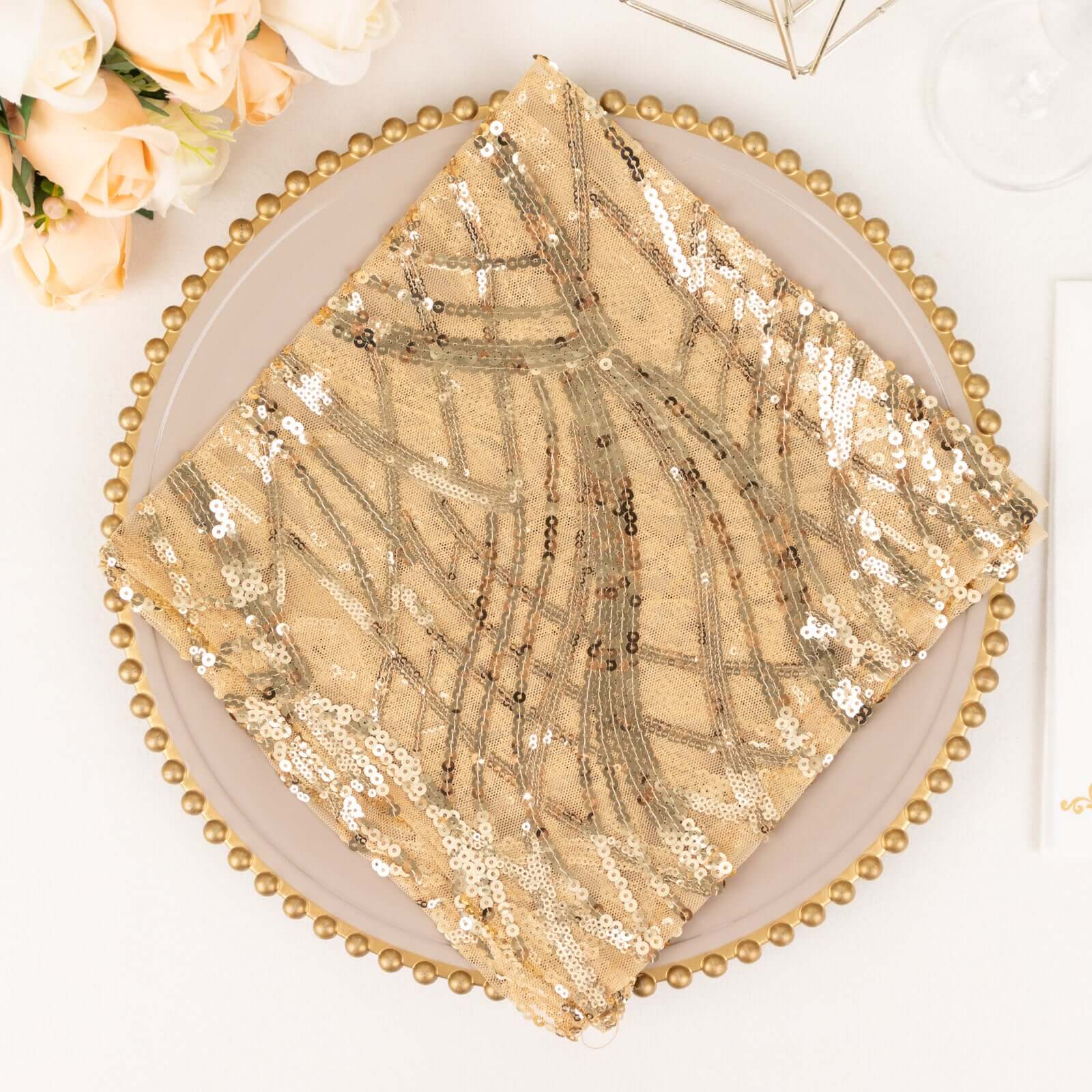 Sequin Mesh 20"x20" Napkin Champagne - Wave Embroidered Reusable Napkin