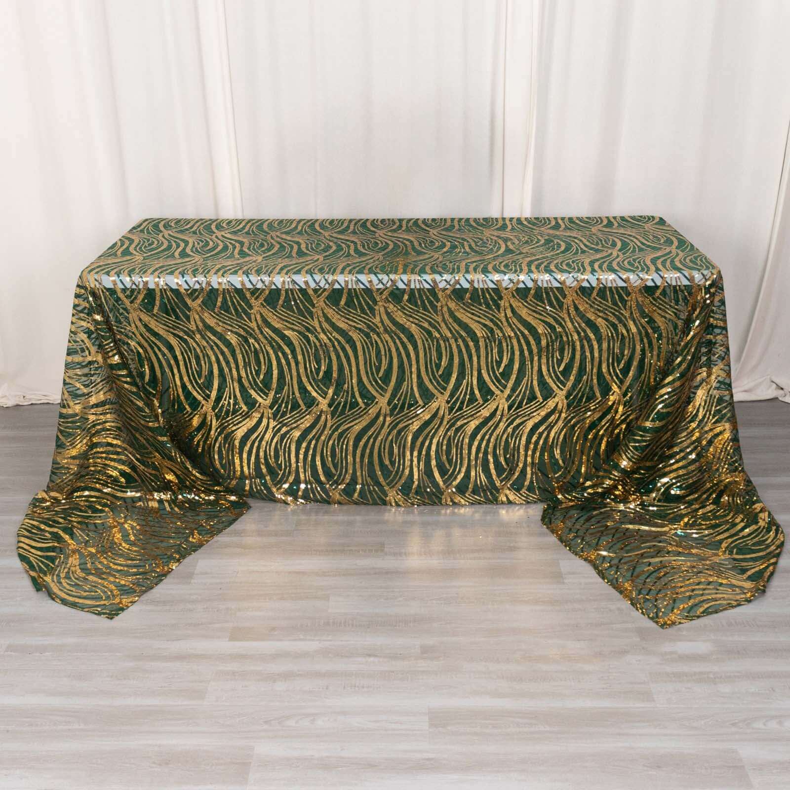 Mesh 90"x156" Rectangle Tablecloth Hunter Emerald Green/Gold - Wave Sequin Embroidered Table Cover