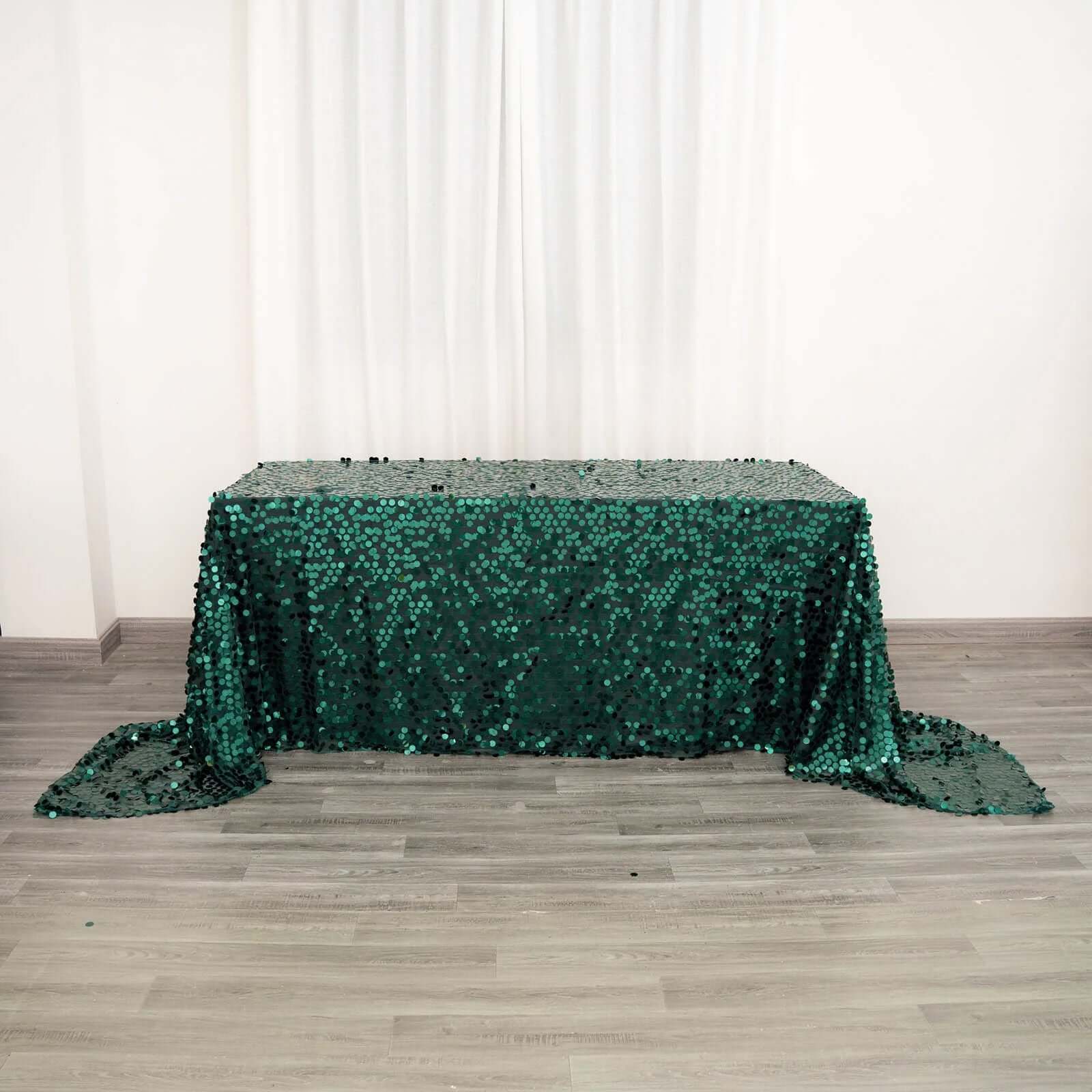 Sequin 90"x156" Rectangle Tablecloth Hunter Emerald Green - Seamless Big Payette Table Cover