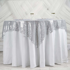 Sequin 60"x60" Table Overlay Square Tablecloth Silver - Luxe Wedding Table Topper
