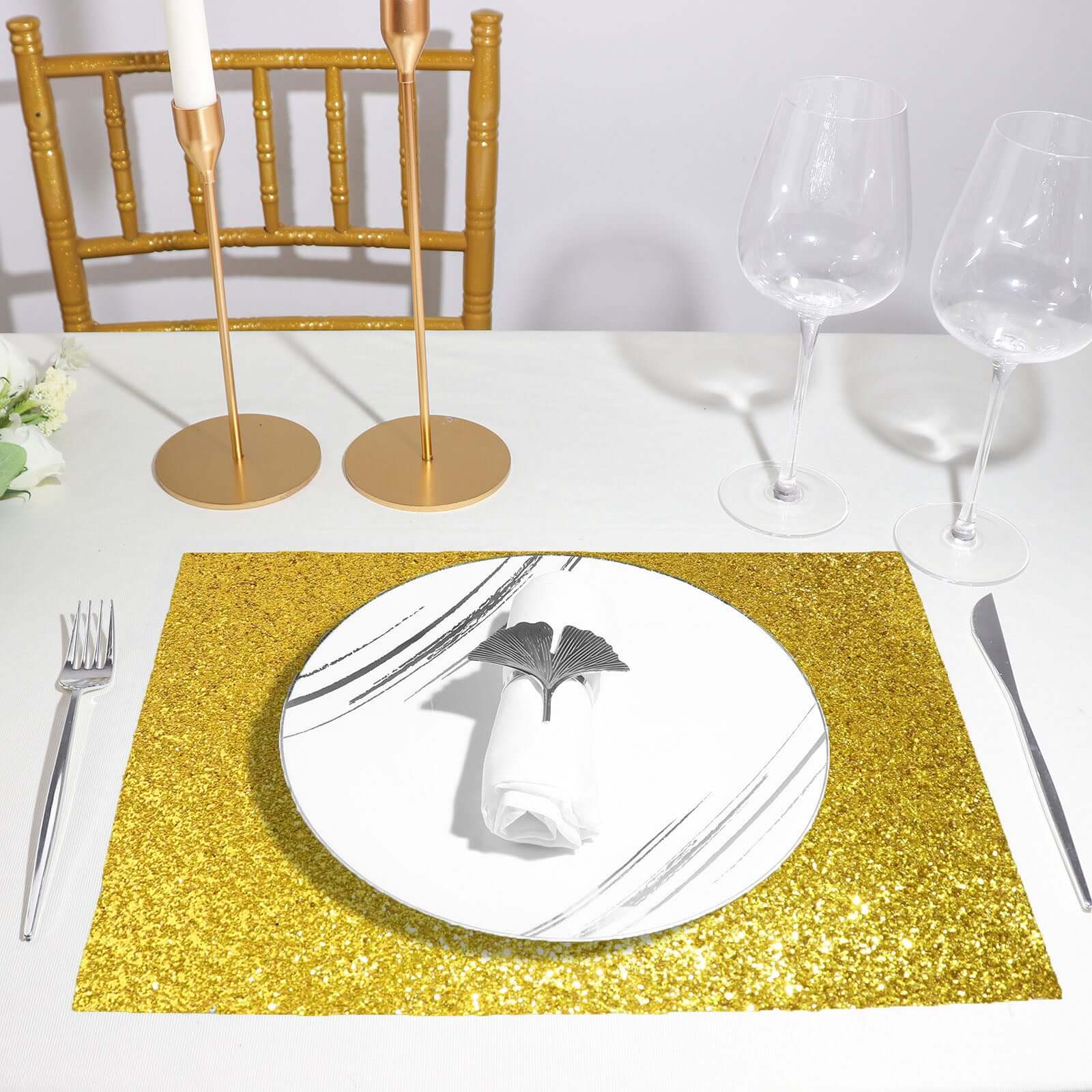 6-Pack Placemats Glitter Design Gold Sparkle Rectangle - Non-Slip Decorative Dining Table Mats 12"x18"