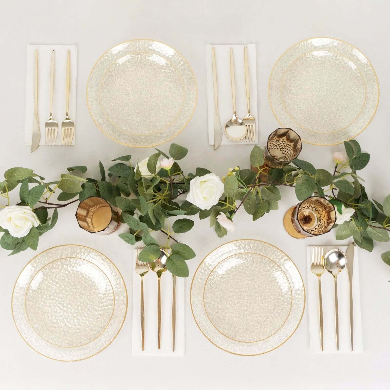 10-Pack Plastic 9" Round Dinner Plates in Clear Gold Glittered Hammered Design with Gold Rim - Modern Disposable Party Plates