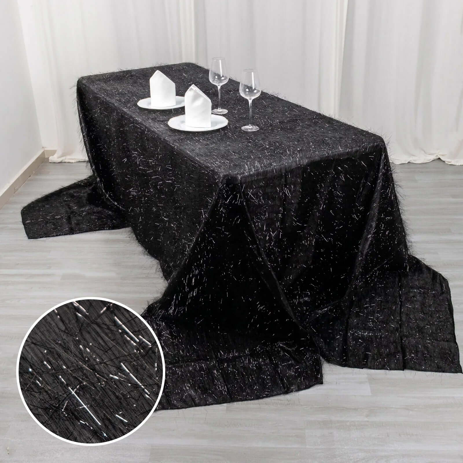 Polyester 90"x156" Rectangle Tablecloth Black Metallic Fringe Shag Tinsel Table Cover