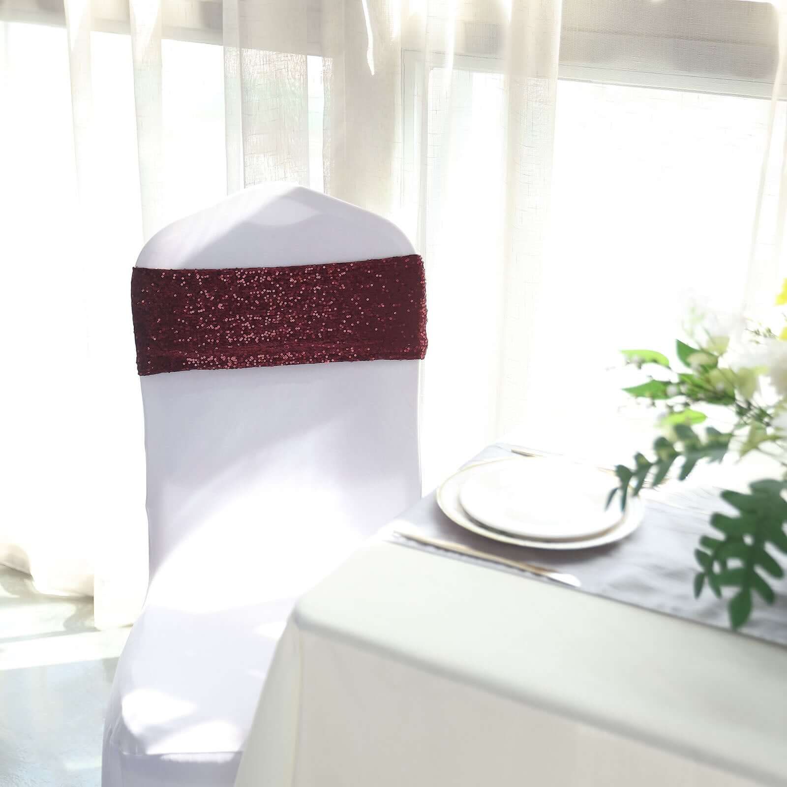 5 Pack Sequin Spandex Chair Sashes Burgundy - Stretch Chair Bands 6"x15"