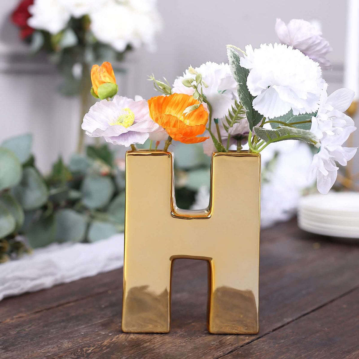 Shiny Ceramic Vase Letter "H" Gold Plated - Chic Bud Planter Pot for Events & Decor 6"