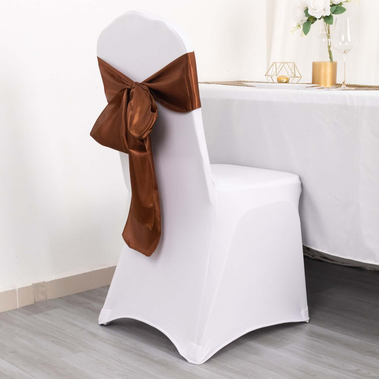 5 Pack Satin Chair Sashes Cinnamon Brown - Durable Chair Bows with Shiny Finish 6"x106"