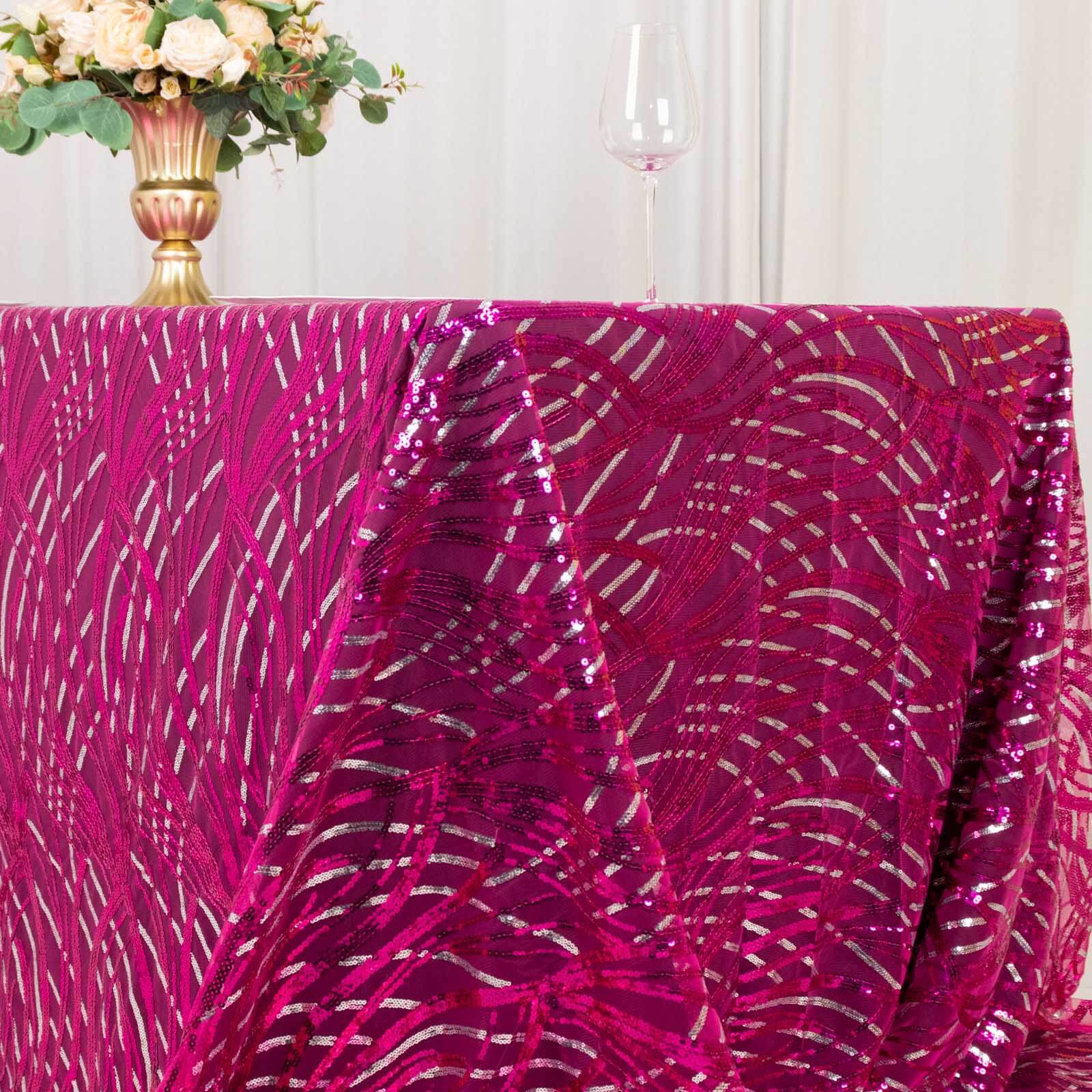 Mesh 90"x156" Rectangle Tablecloth Fuchsia/Silver - Wave Sequin Embroidered Table Cover
