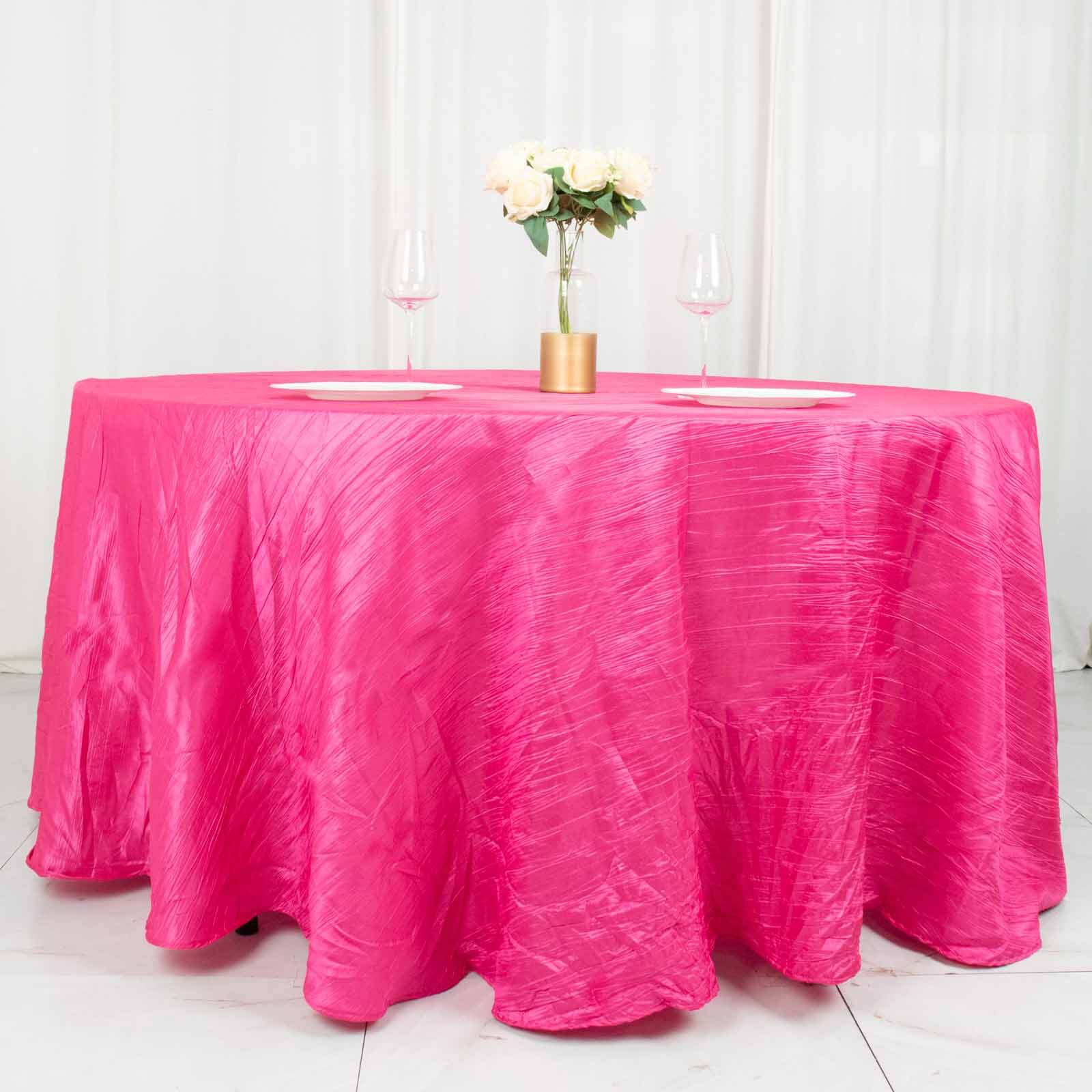 Taffeta 120" Round Tablecloth Fuchsia - Seamless Accordion Crinkle Table Cover