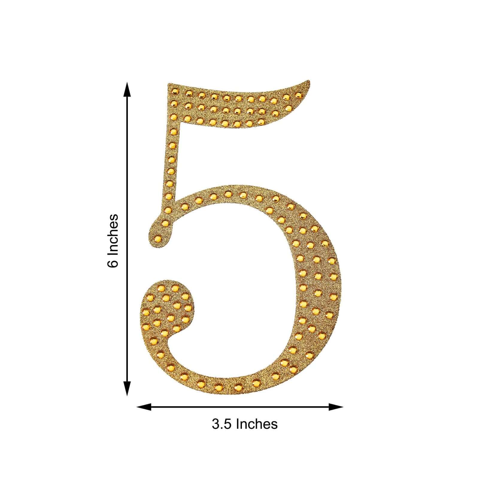 Decorative Rhinestone Number "5" Stickers, Glitter Adhesive Craft Numbers Gold DIY Sparkle Embellishments 6"