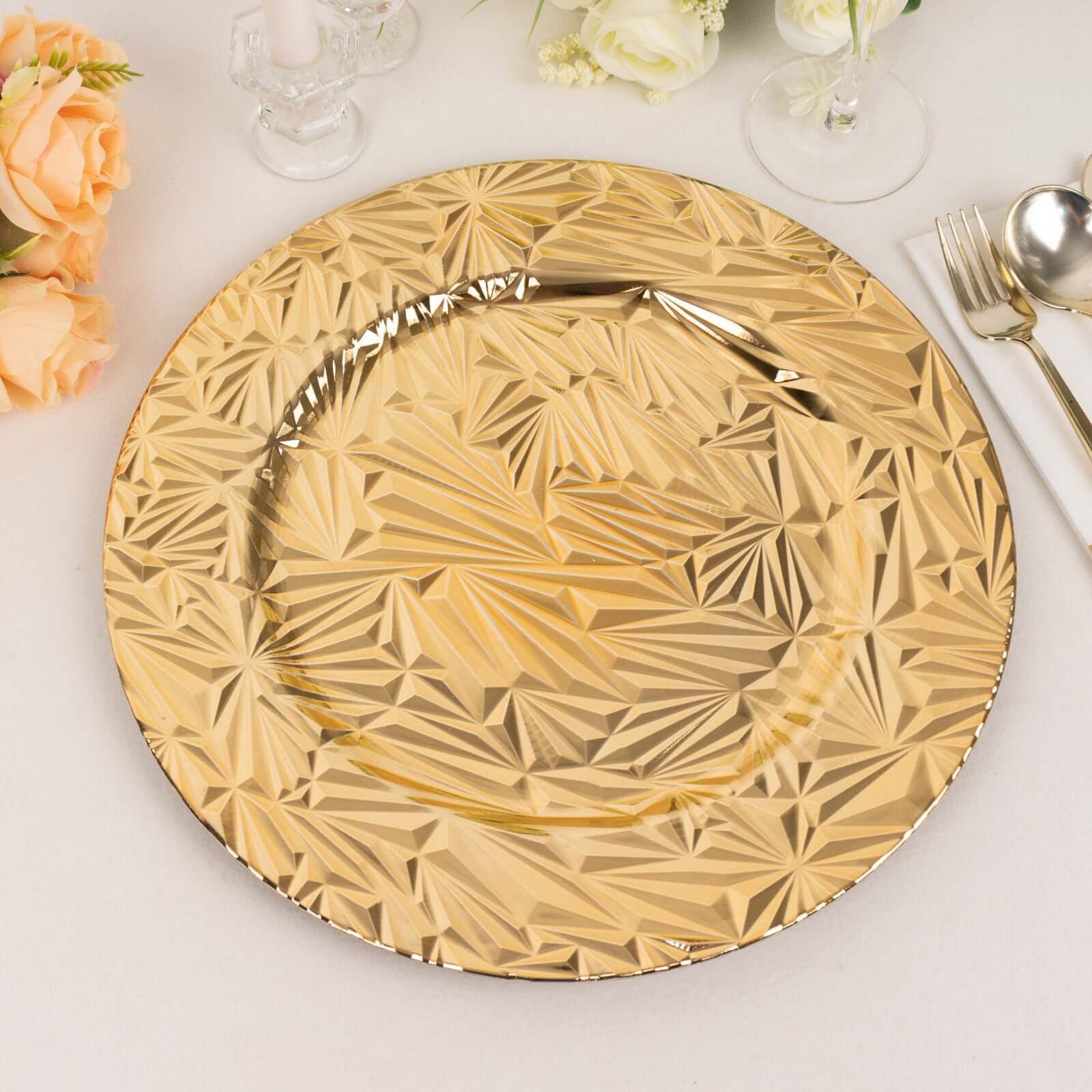 6-Pack Acrylic Round Charger Plates 13" in Metallic Gold with Rock Cut Design, Durable Plastic Dinner Charger Tableware