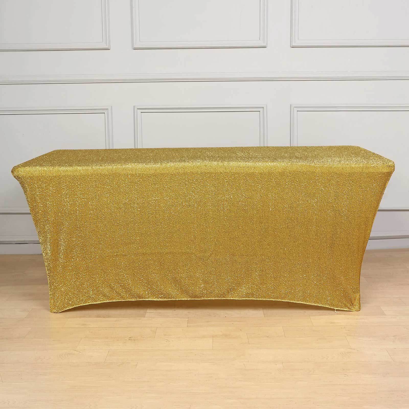 Shimmer Tinsel Spandex 72"x30" Rectangle Tablecloth Metallic Gold Glittered Shiny Stretch Table Cover for Gleaming Event Decor