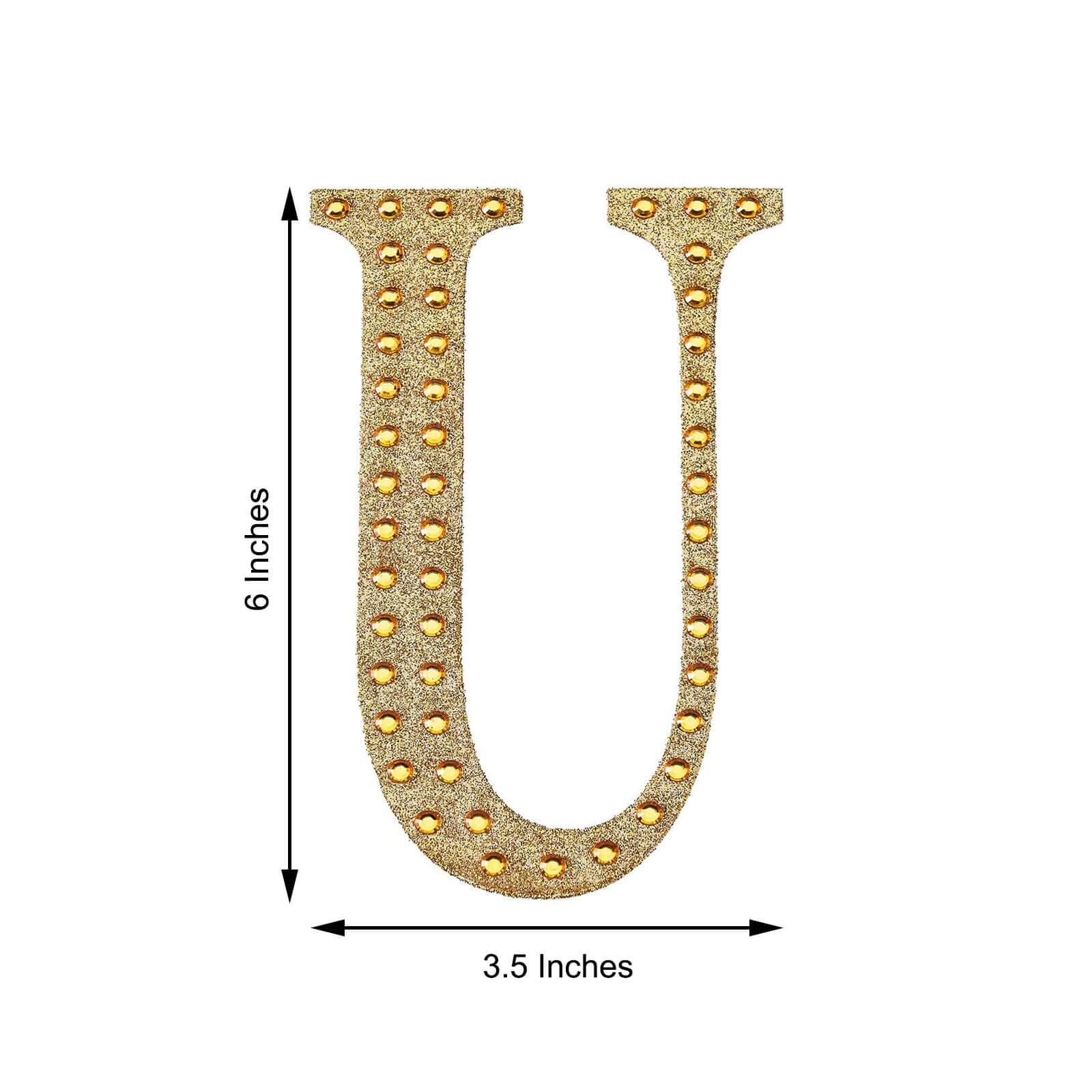 Decorative Rhinestone Alphabet "U" Letter Stickers, Glitter Adhesive Craft Letters Gold DIY Sparkle Embellishments 6"