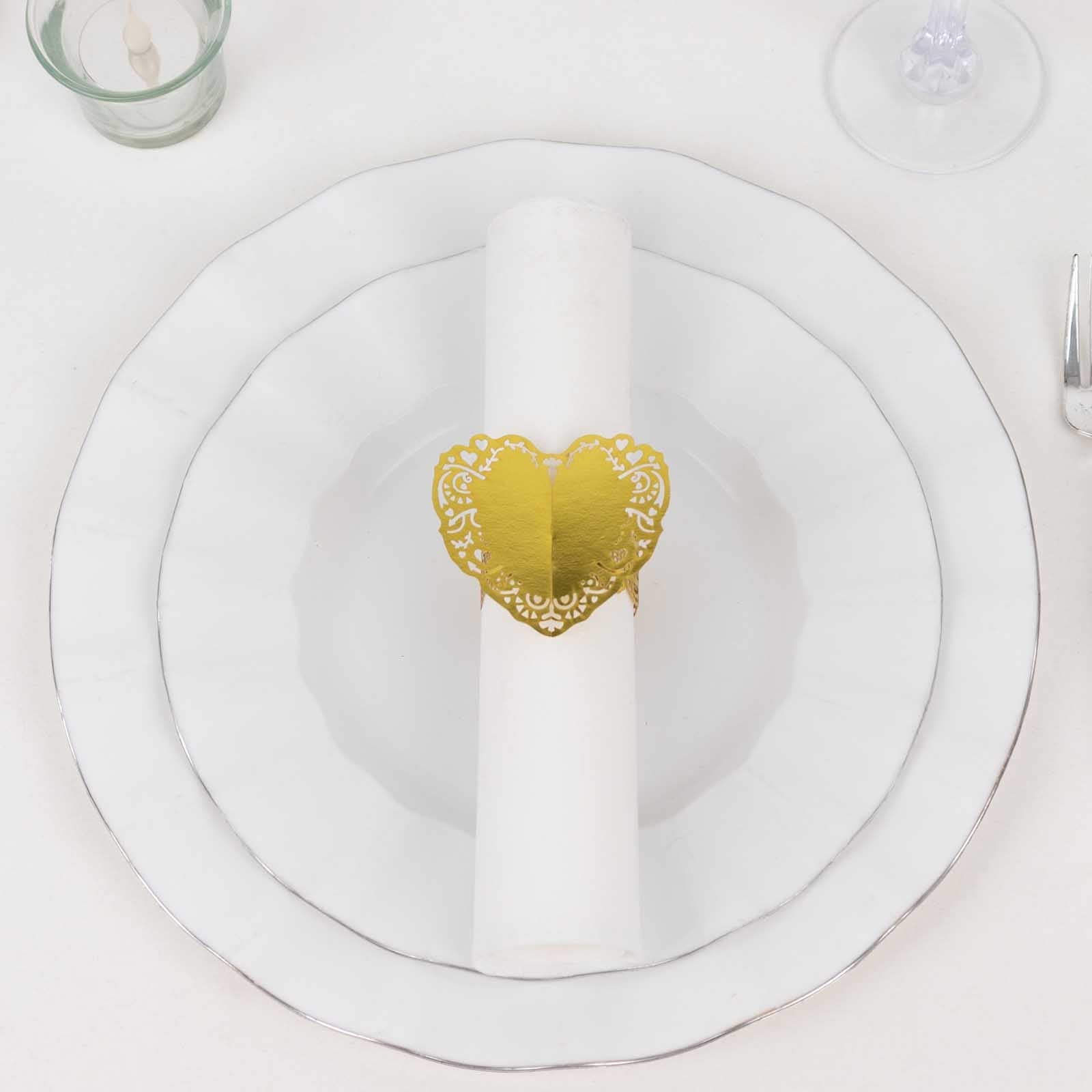 12 Pack Metallic Gold Foil Laser Cut Heart Paper Napkin Holders with Lace Pattern, Disposable Napkin Rings Bands