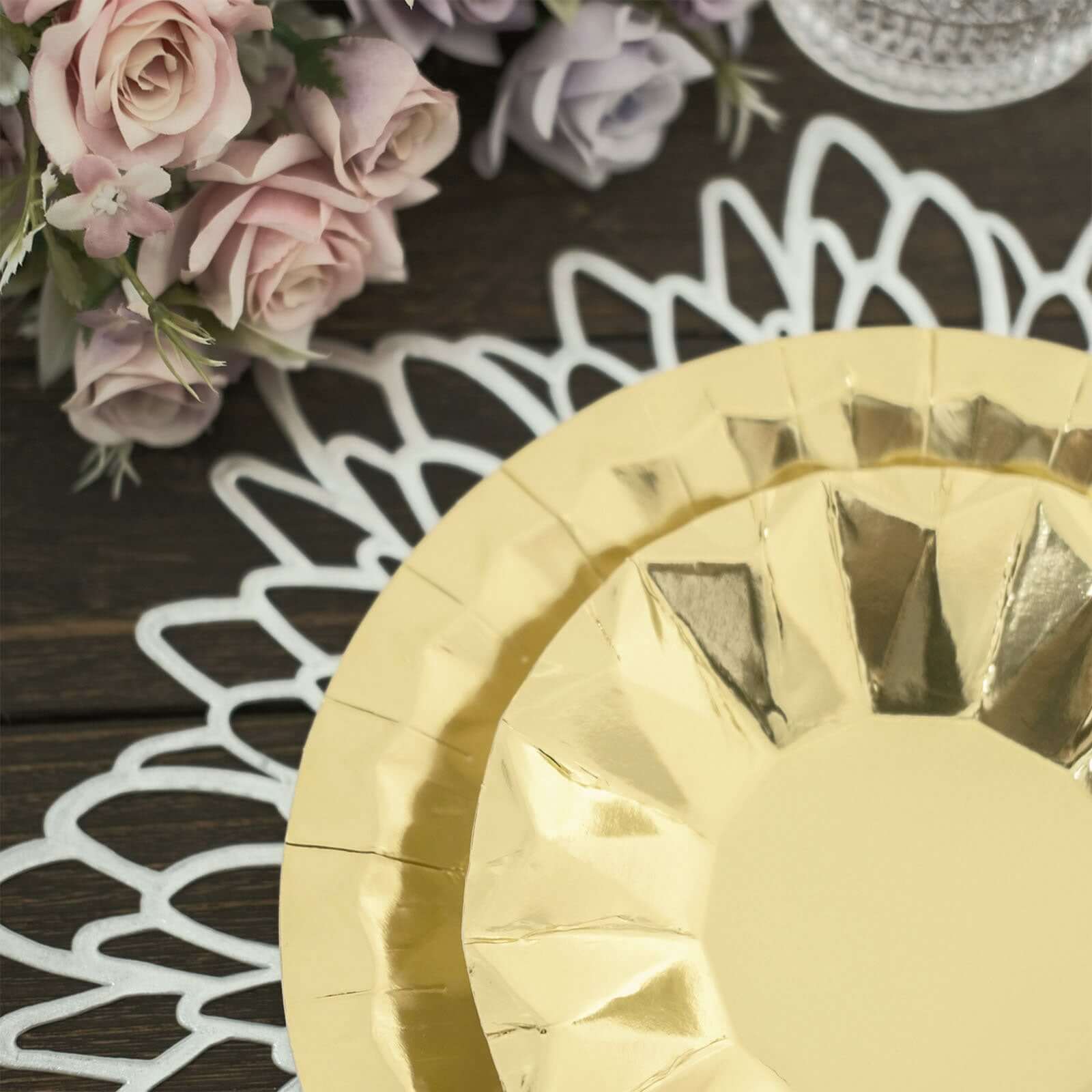 25-Pack Paper 9" Round Dinner Plates in Metallic Gold with Geometric Prism Rim - Disposable 400GSM Party Plates for Banquets & Celebrations