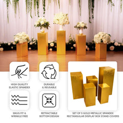 Set of 5 Metallic Gold Spandex Rectangle Pedestal Stand Covers, Stretchable Pillar Prop Covers - 160 GSM