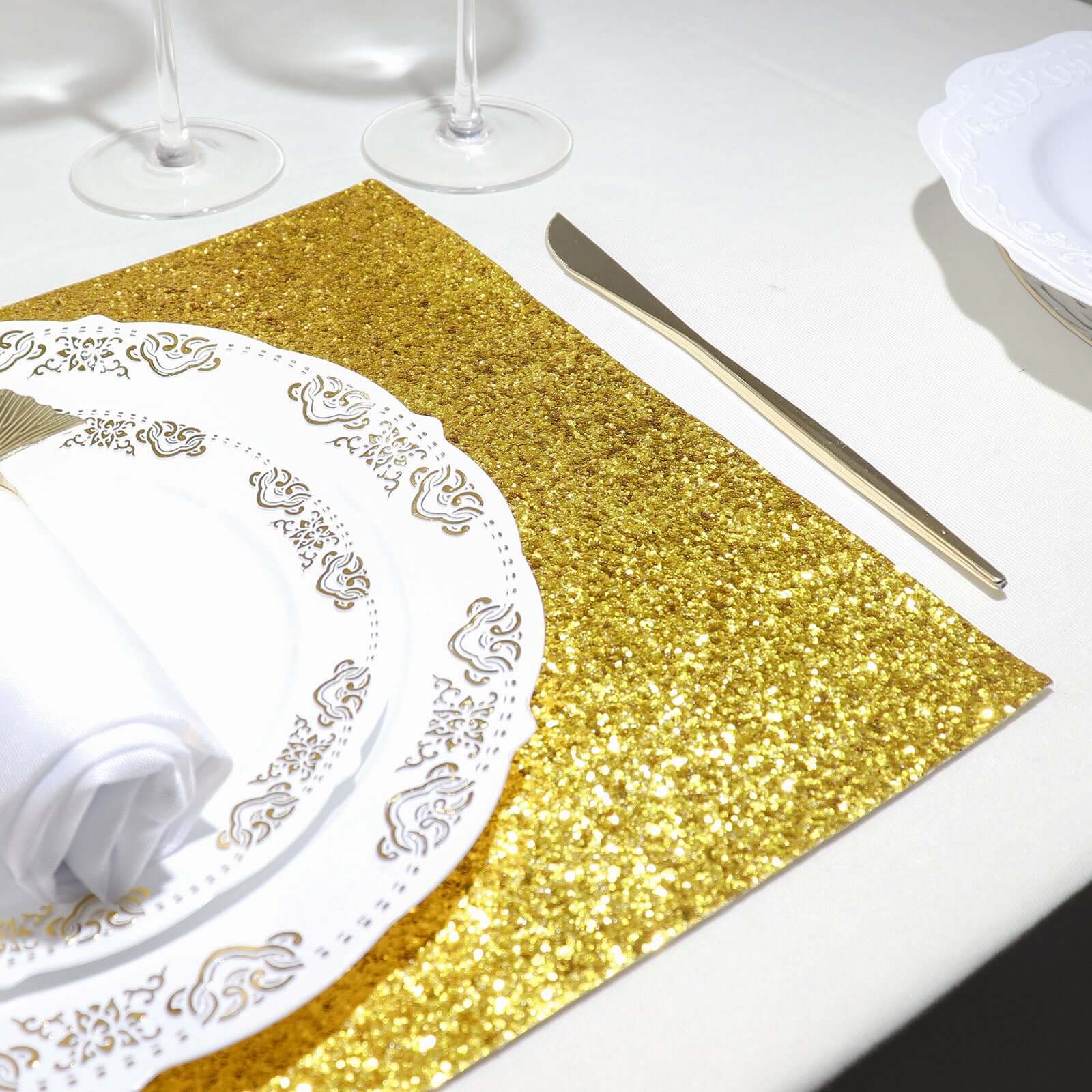 6-Pack Placemats Glitter Design Gold Sparkle Rectangle - Non-Slip Decorative Dining Table Mats 12"x18"