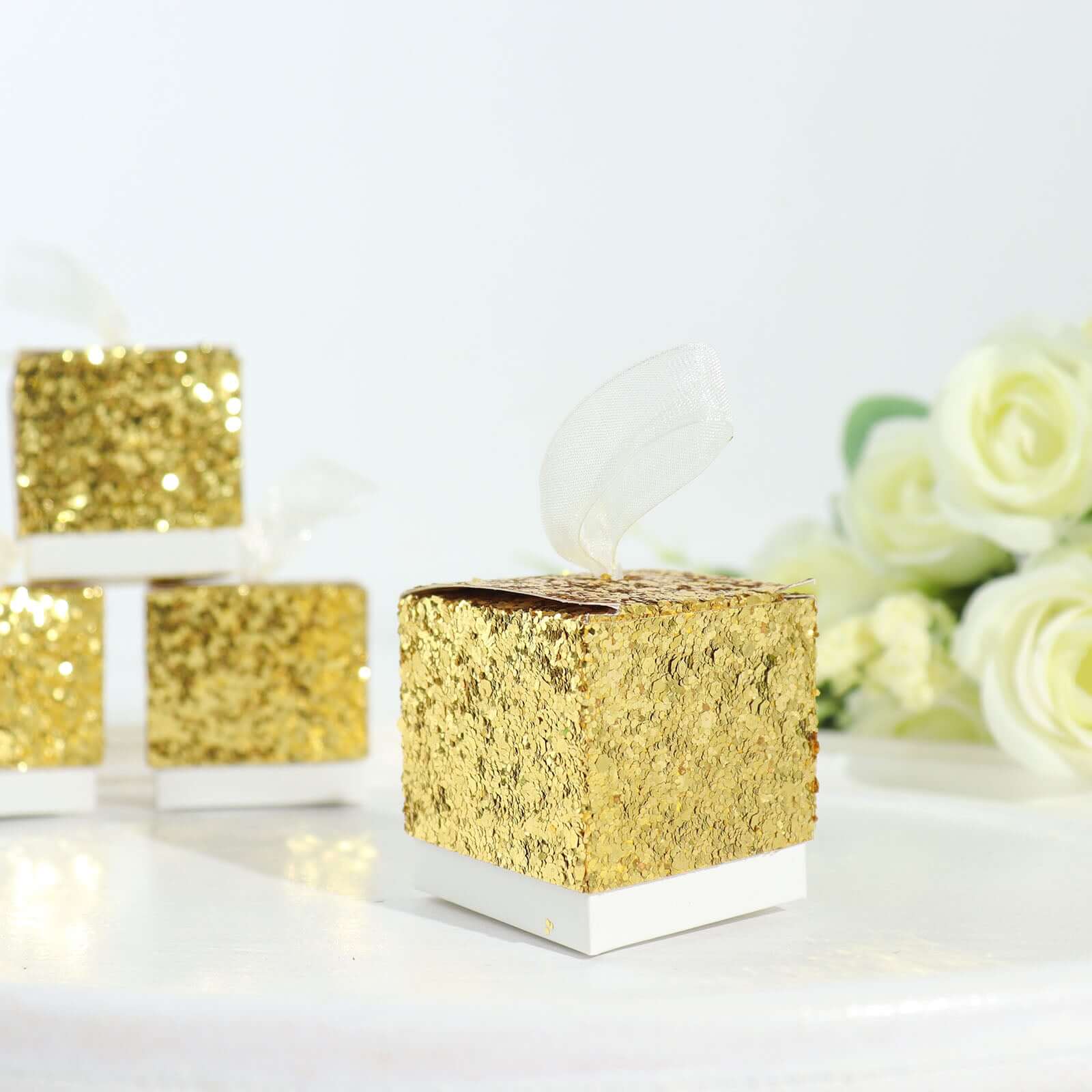 25 Pack 2" Gold Sequin Glitter Party Favor Boxes With White Ribbon Loop, Wedding Favor Gift Boxes, Candy Cases