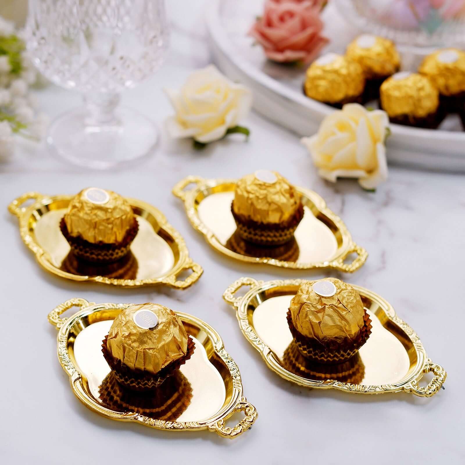 12-Pack Display Trays Party Favor Baroque Oval Design Gold - Mini Serving Platters for Sweets and Desserts 4.5"