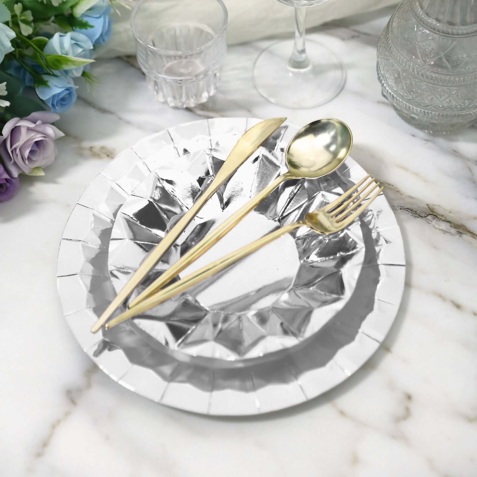 25-Pack Paper 9" Round Dinner Plates in Metallic Silver with Geometric Prism Rim - Disposable 400GSM Party Plates