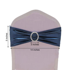 5 Pack Metallic Spandex Chair Sashes Navy Blue - Stretch Fit Chair Bands With Round Diamond Buckles