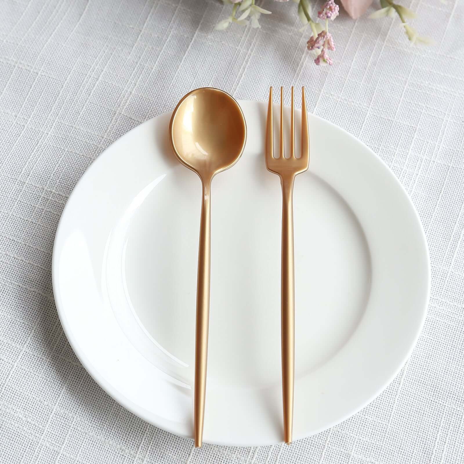 50-Pack Plastic Dessert Forks and Spoons with Gold Shiny Finish - Heavy Duty Disposable Silverware