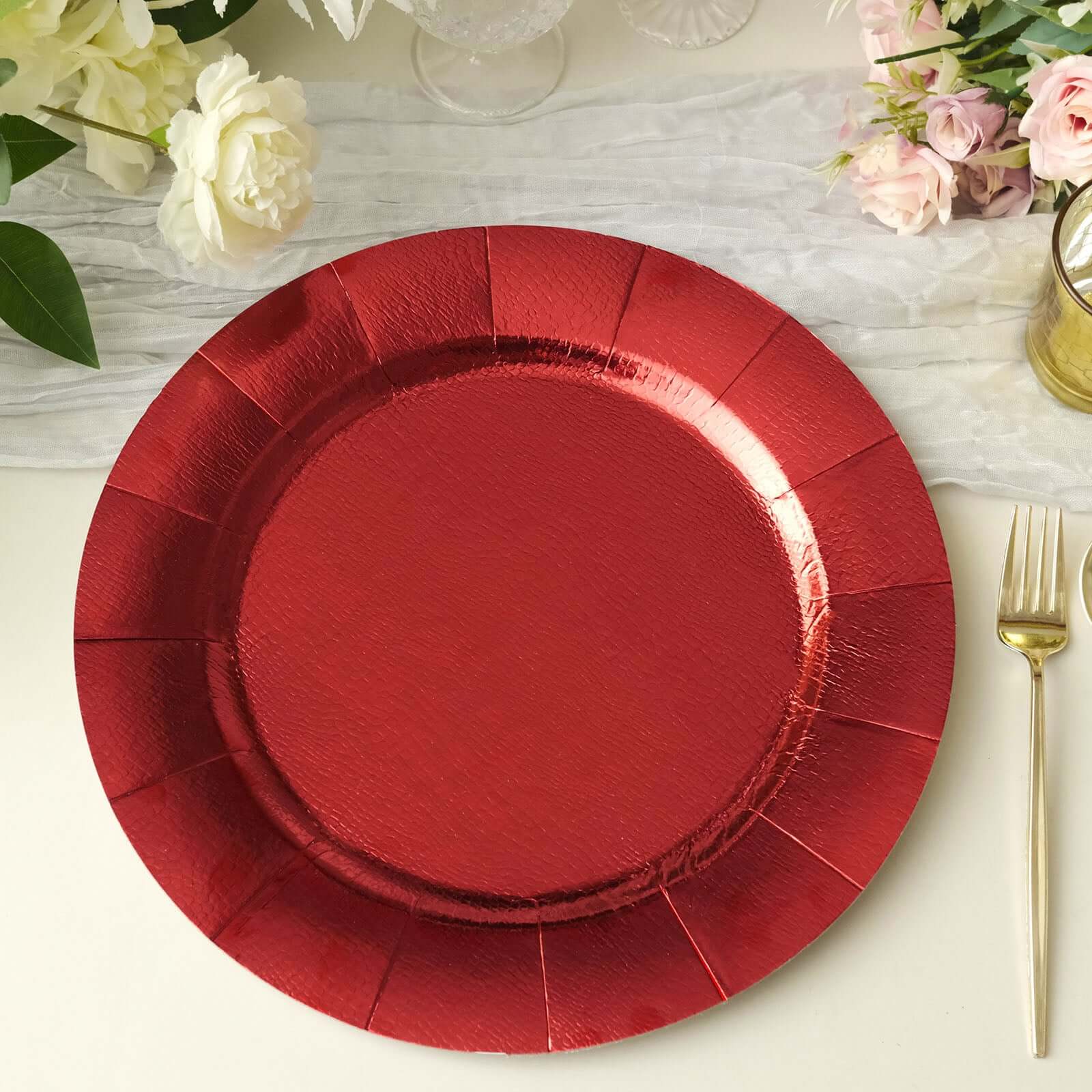 10-Pack Disposable Round Charger Plates in Red with Leathery Texture - Durable 1100GSM Cardboard Placemats 13"