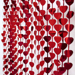 Red Heart Chain Foil Fringe Curtain Party Backdrop, Metallic Red Tinsel Streamer Party Decor - Door Window Foil Curtain - 3ftx6.5ft