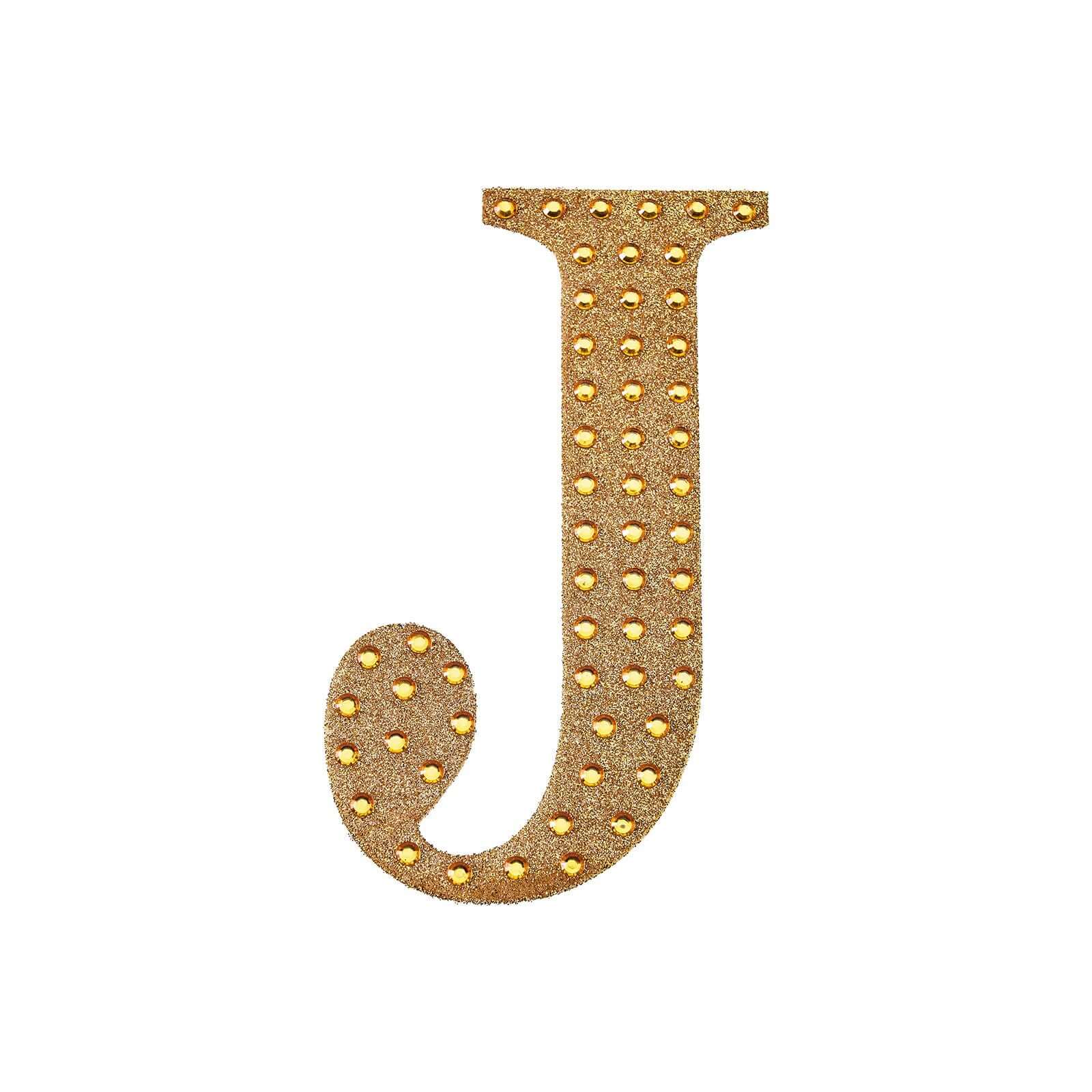 Decorative Rhinestone Alphabet "J" Letter Stickers, Glitter Adhesive Craft Letters Gold DIY Sparkle Embellishments 8"