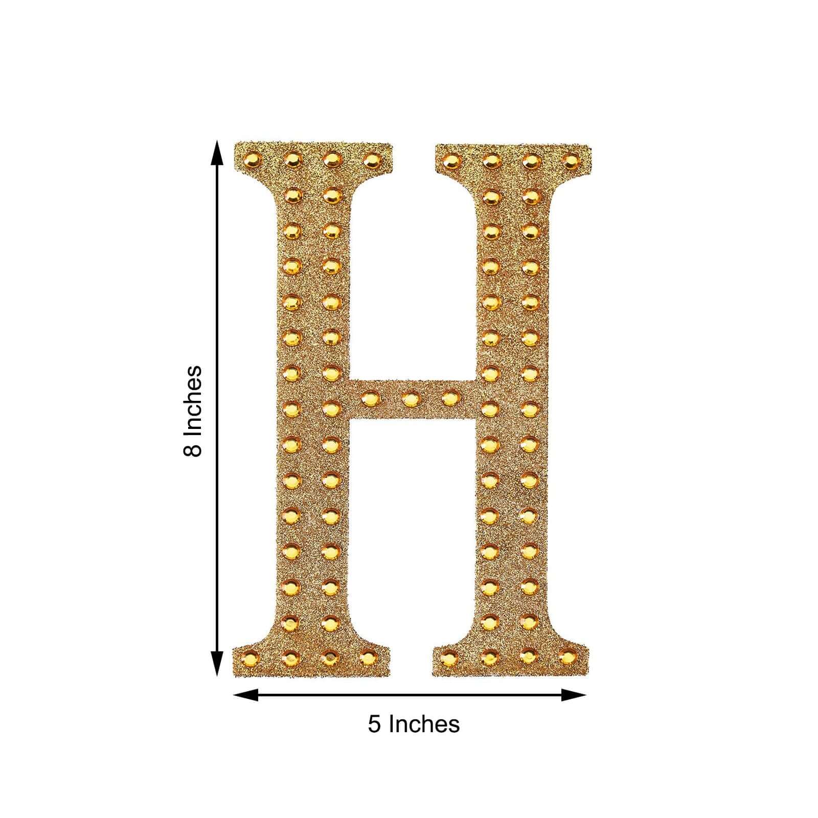 Decorative Rhinestone Alphabet "H" Letter Stickers, Glitter Adhesive Craft Letters Gold DIY Sparkle Embellishments 8"