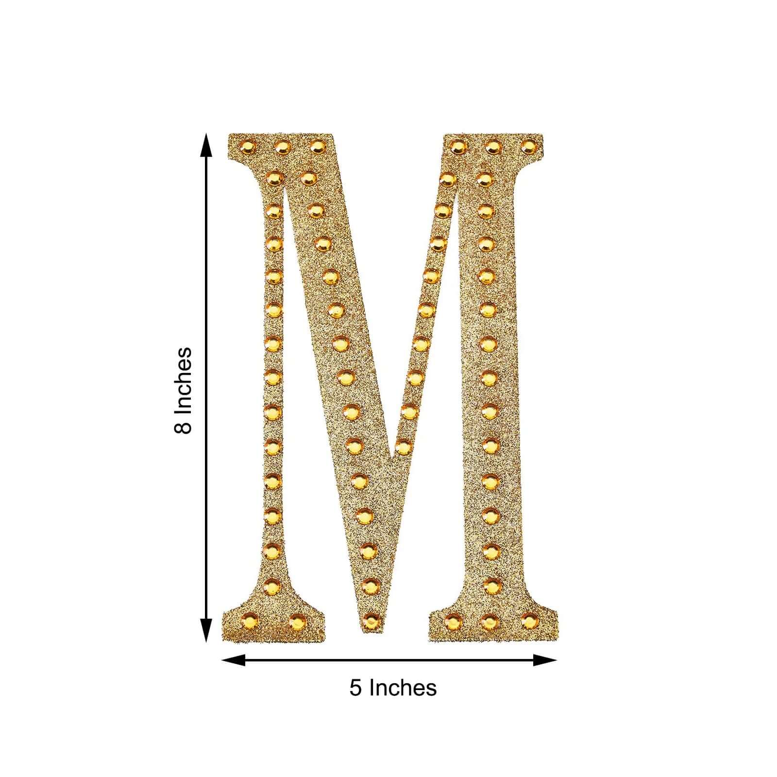 Decorative Rhinestone Alphabet "M" Letter Stickers, Glitter Adhesive Craft Letters Gold DIY Sparkle Embellishments 8"