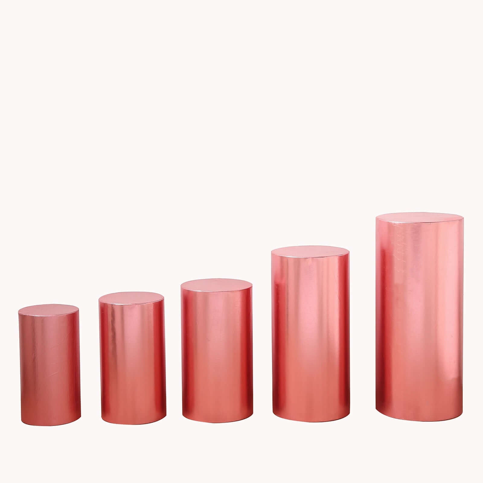 Set of 5 Metallic Rose Gold Spandex Cylinder Pedestal Stand Covers, Shiny Stretchable Pillar Prop Covers - 130 GSM