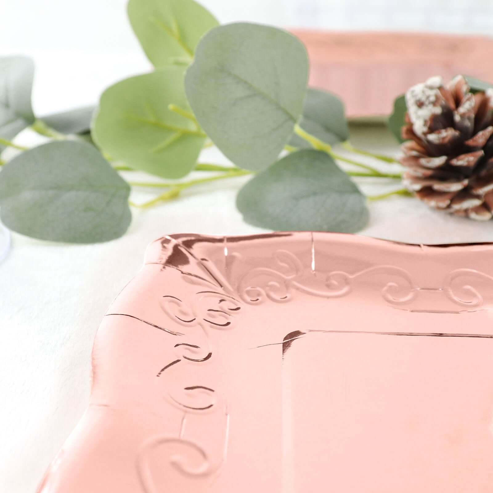 25-Pack Paper 7" Square Dessert Plates in Rose Gold with Vintage Pottery Embossed Design - Shiny Metallic Disposable Appetizer Plates