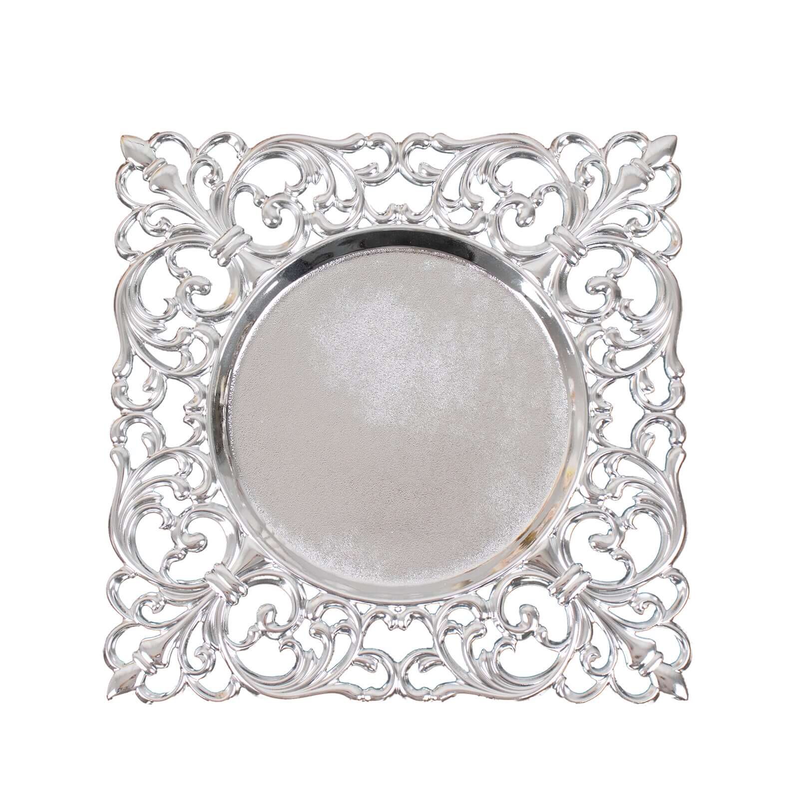 6-Pack Acrylic Square Charger Plates 12" in Silver with Hollow Lace Border, Event Tabletop Decorative Charger Tableware