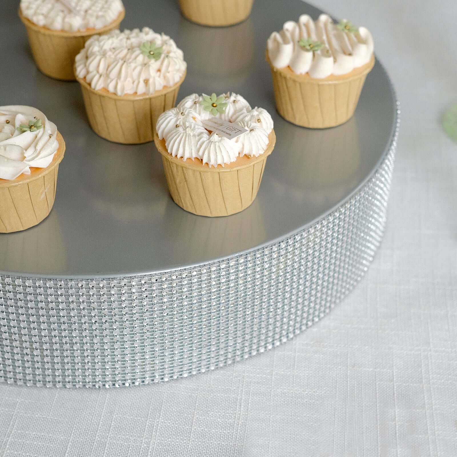 Metal Pedestal Cake Stand Round Design with Rhinestones Silver - Cupcake Holder and Dessert Table Centerpiece 16"