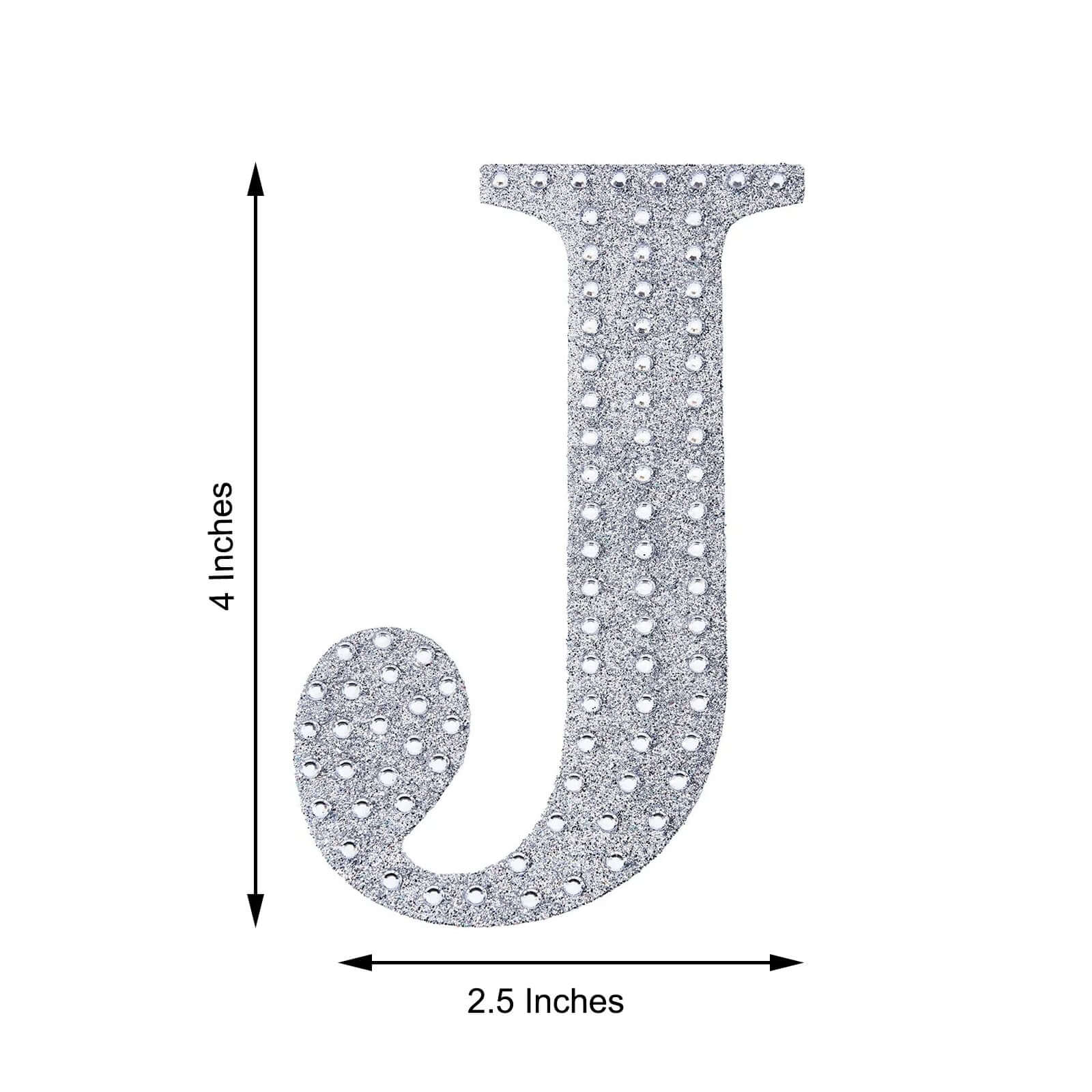 Decorative Rhinestone Alphabet "J" Letter Stickers, Glitter Adhesive Craft Letters Silver DIY Sparkle Embellishments 4"