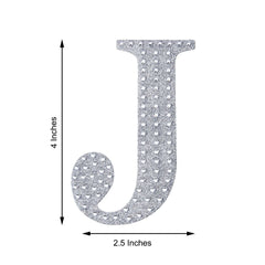 Decorative Rhinestone Alphabet "J" Letter Stickers, Glitter Adhesive Craft Letters Silver DIY Sparkle Embellishments 4"