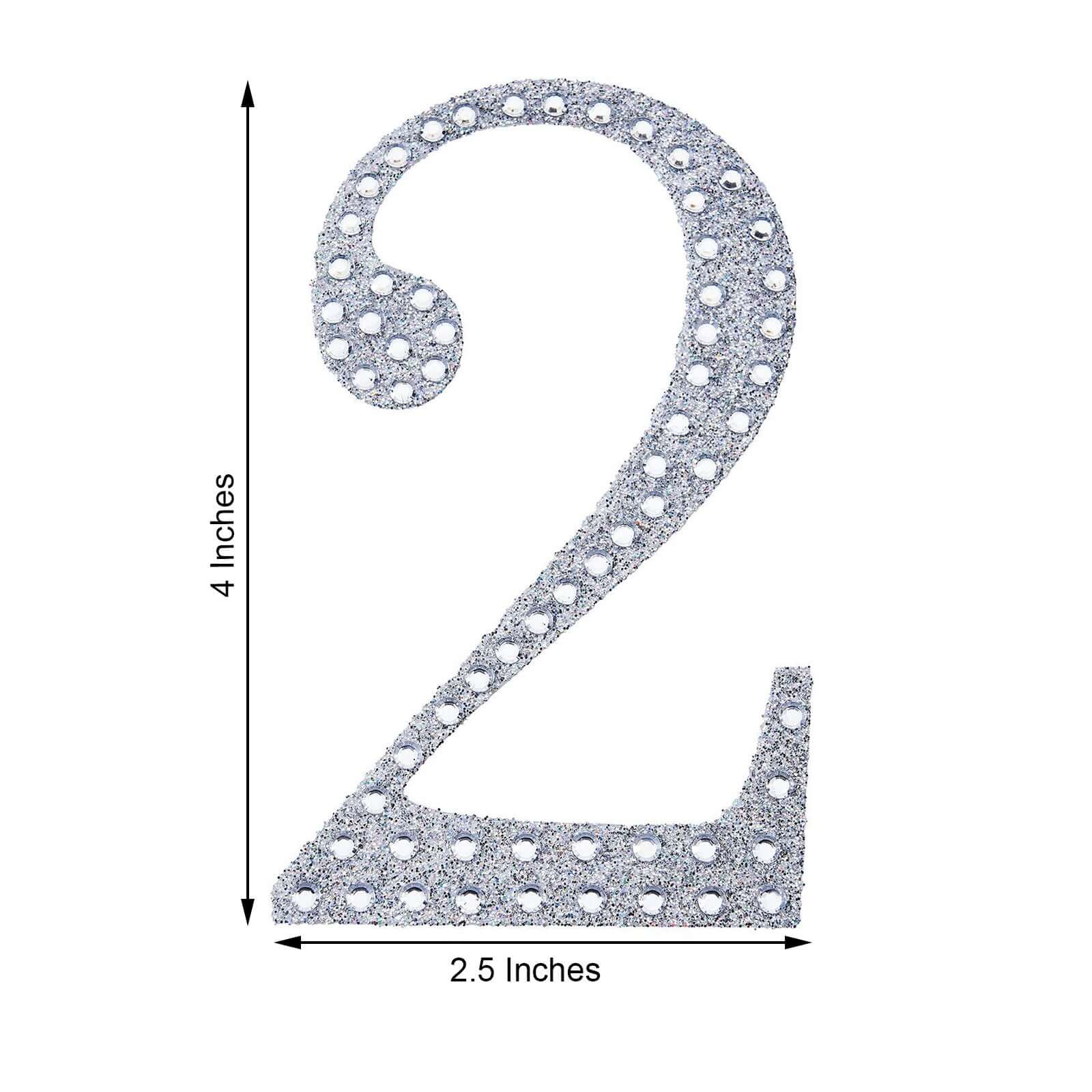Decorative Rhinestone Number "2" Stickers, Glitter Adhesive Craft Numbers Silver DIY Sparkle Embellishments 4"