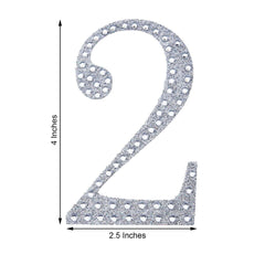 Decorative Rhinestone Number "2" Stickers, Glitter Adhesive Craft Numbers Silver DIY Sparkle Embellishments 4"