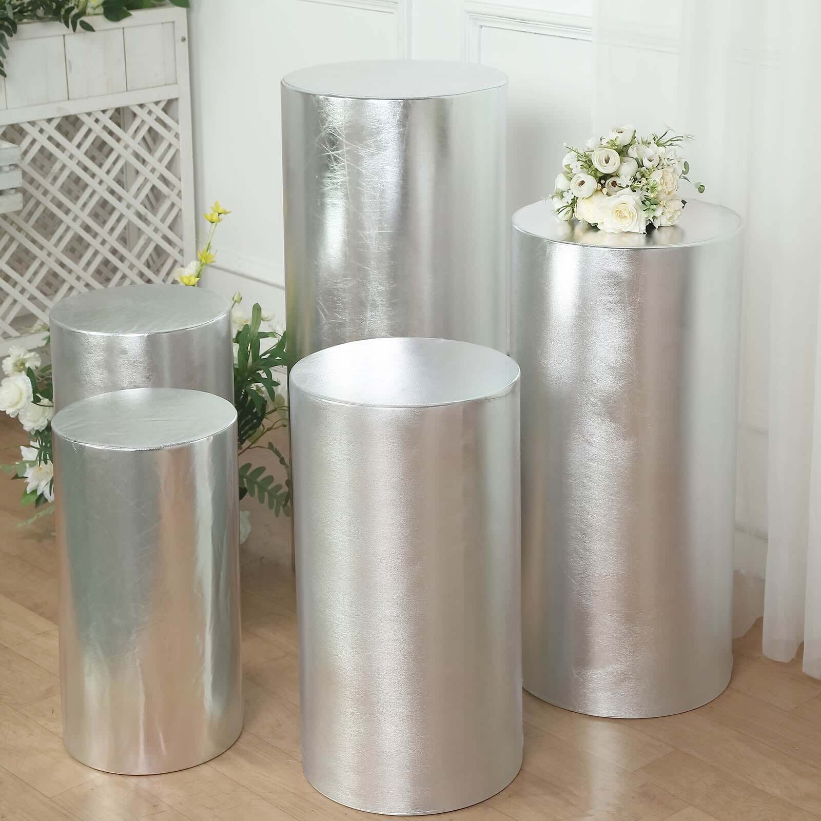 Set of 5 Metallic Silver Spandex Cylinder Pedestal Stand Covers, Shiny Stretchable Pillar Prop Covers - 130 GSM