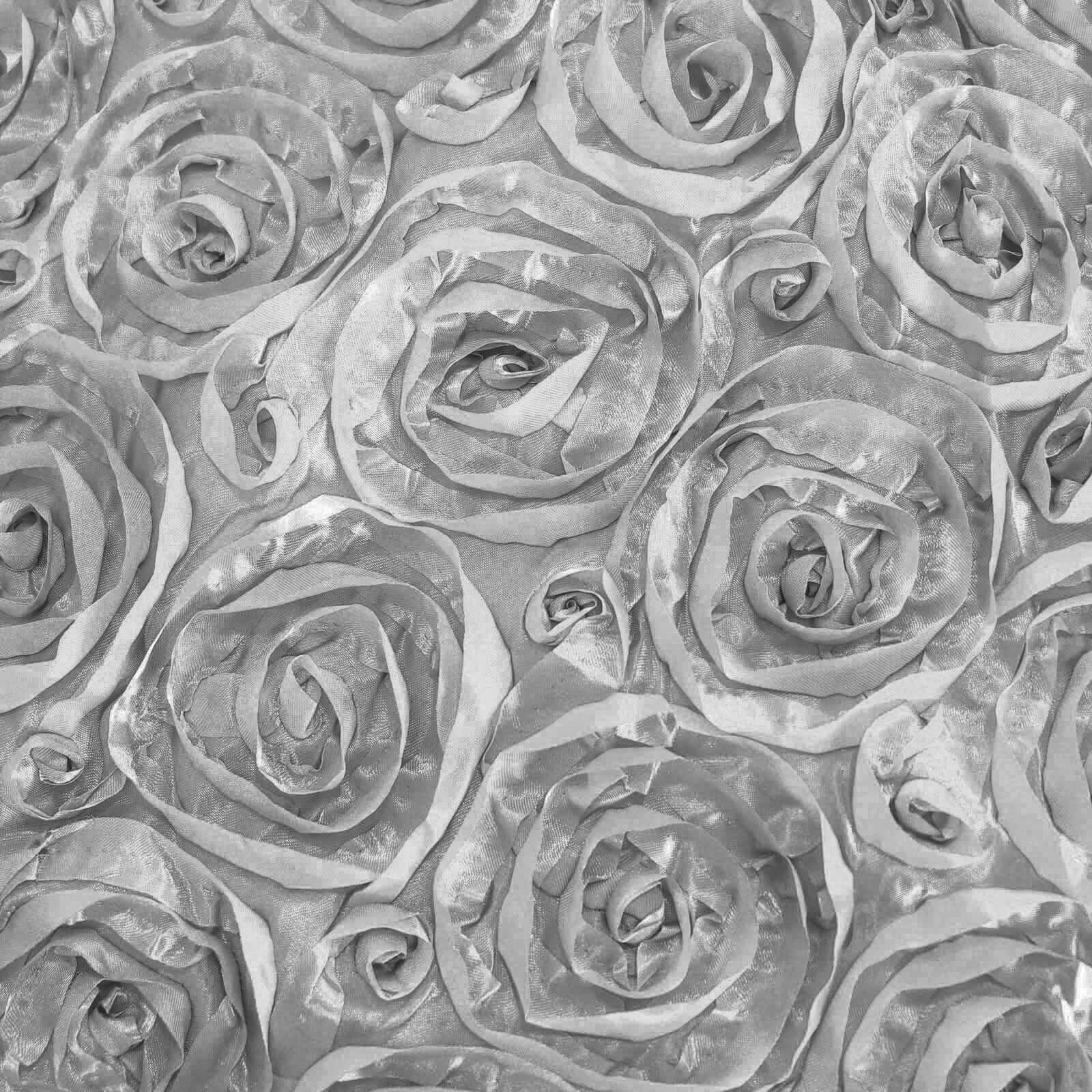 Satin 120" Round Tablecloth Silver - Grandiose 3D Rosette Design with Seamless Finish for Luxe Events