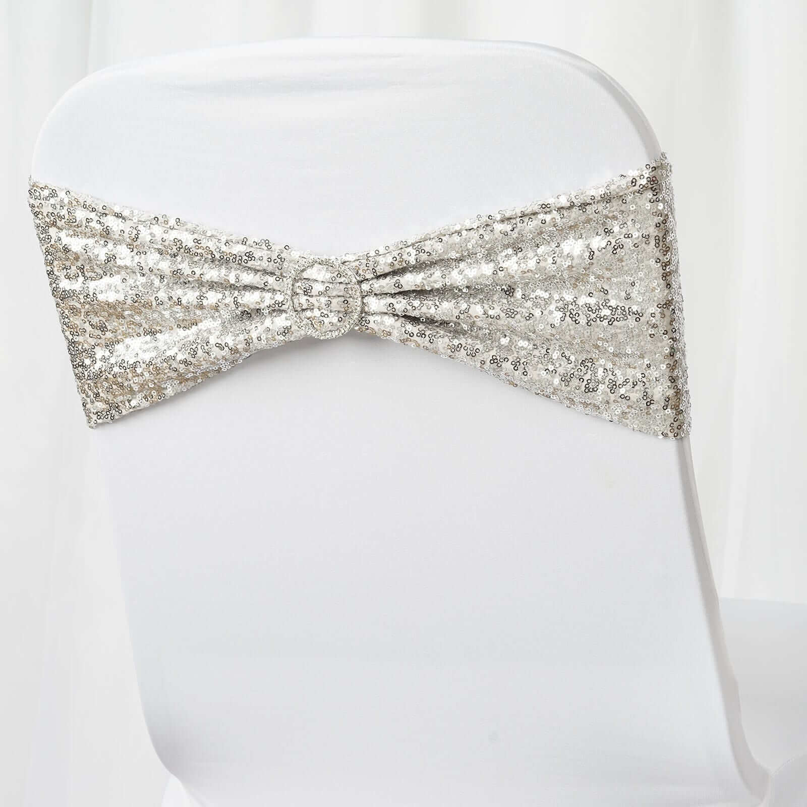 5 Pack Sequin Spandex Chair Sashes Silver - Stretch Chair Bands 6"x15"
